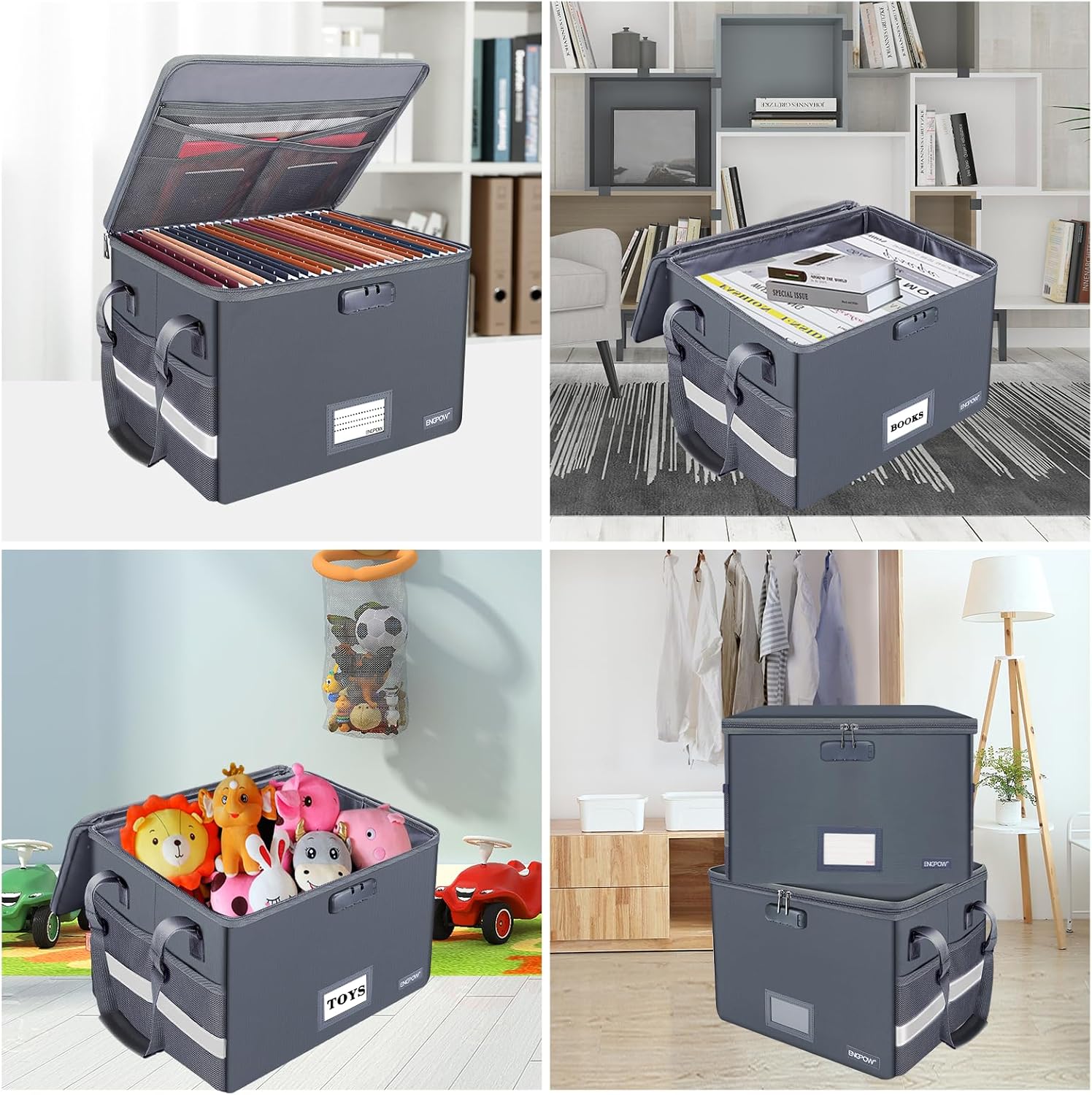 ENGPOW File Box with Lock, Fireproof Document Box with Zipper Lid, Collapsible File Organizer Storage Filing Cabinet with Handle, Portable Home Office Safe for Hanging Letter/Legal Folders, Grey