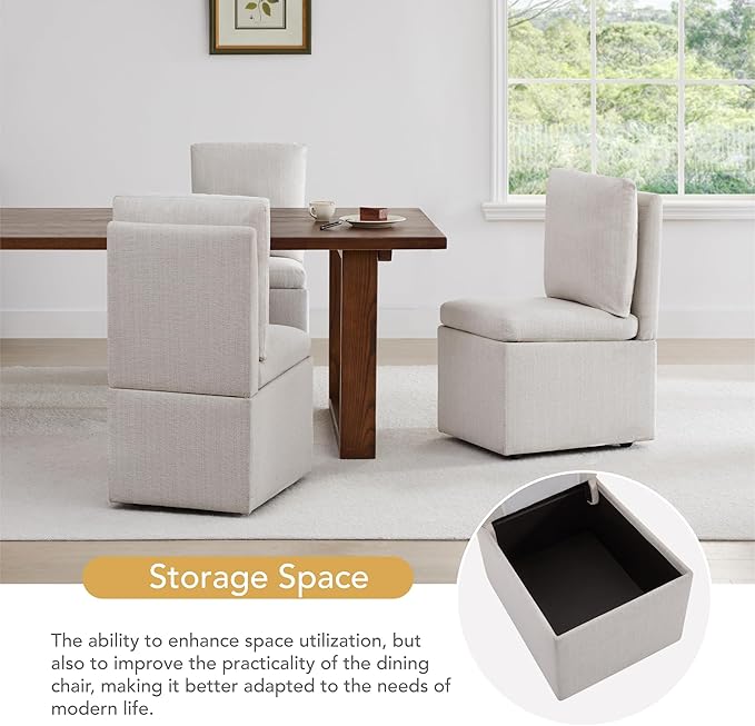 Upholstered Dining Chairs with Casters, Modern Dining Room Chairs Set of 2 with Hidden Storage & 4 Wheels, Single Sofa Chair for Kitchen, Reading Room, Waiting Room, Warm Grey
