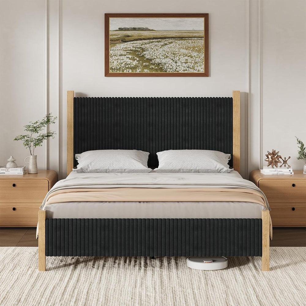 IMMERSTABLE Full Bed Frame with Headboard, Upholstered Platform Bed, Black