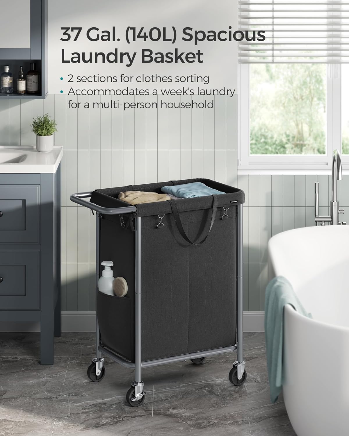 SONGMICS Laundry Basket with Wheels, 2-Section Rolling Laundry Hamper, 37 Gallons (140 L), Removable Liner, Steel Frame with Handle, 27.2 x 15.4 x 31.9 Inches, Ink Black URLS004B01
