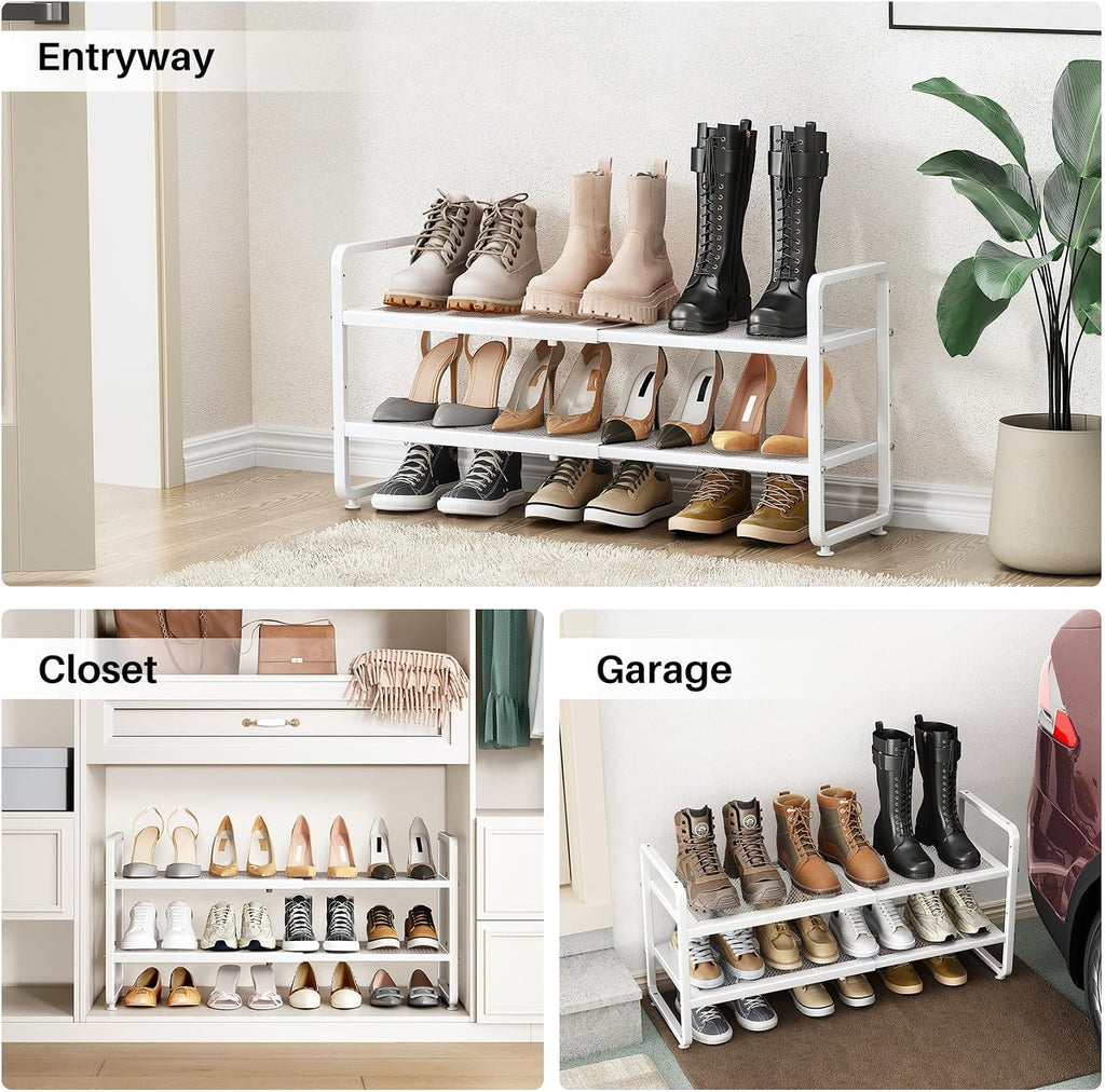 Expandable Metal Shoe Rack for Closet, Entryway & Garage, 2-Tier, White | Adjustable Height for Boots, Stackable Design, Dense Mesh Shelves for Heels, Fits Small Spaces, Apartments and Rentals