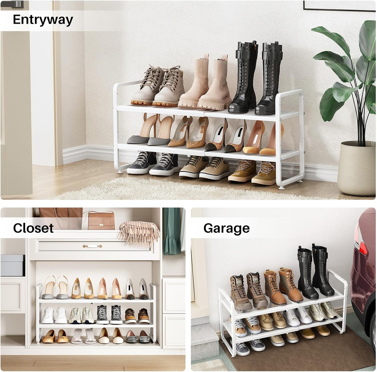 Expandable Metal Shoe Rack for Closet, Entryway & Garage, 2-Tier, White | Adjustable Height for Boots, Stackable Design, Dense Mesh Shelves for Heels, Fits Small Spaces, Apartments and Rentals
