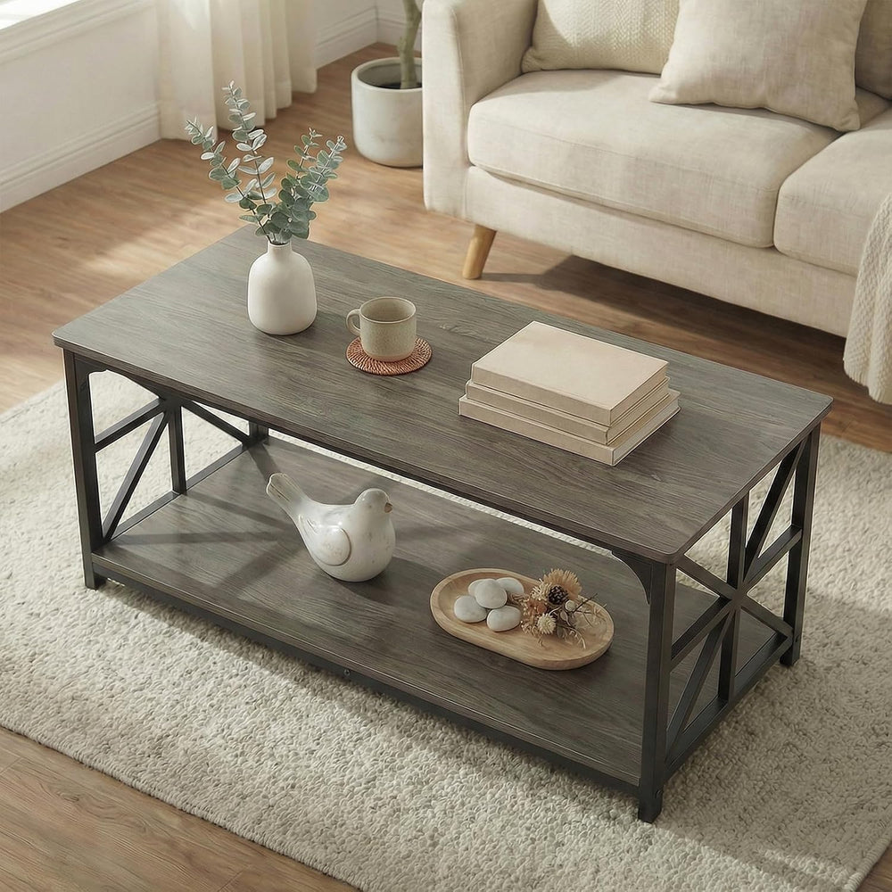 GOFLAME 2-Tier Rectangular Coffee Table, Modern Center Table with Wooden Top,...