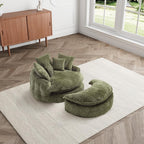 54'' Oversized Round Bean Bag Chaise Lounge Barrel Chair with Movable Ottoman, Fluffy Cloud Couch Boneless Round Sofa Chair for Living Room, Bedroom, Apartment, Green