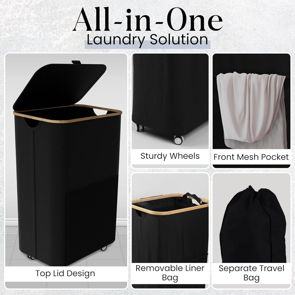 Laundry Basket with Wheels and Handle - 100L Bamboo-Fabric Laundry Hamper with Lid, Front Mesh Pocket, Travel Bag, Sturdy Wheels, Black