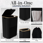 Laundry Basket with Wheels and Handle - 100L Bamboo-Fabric Laundry Hamper with Lid, Front Mesh Pocket, Travel Bag, Sturdy Wheels, Black