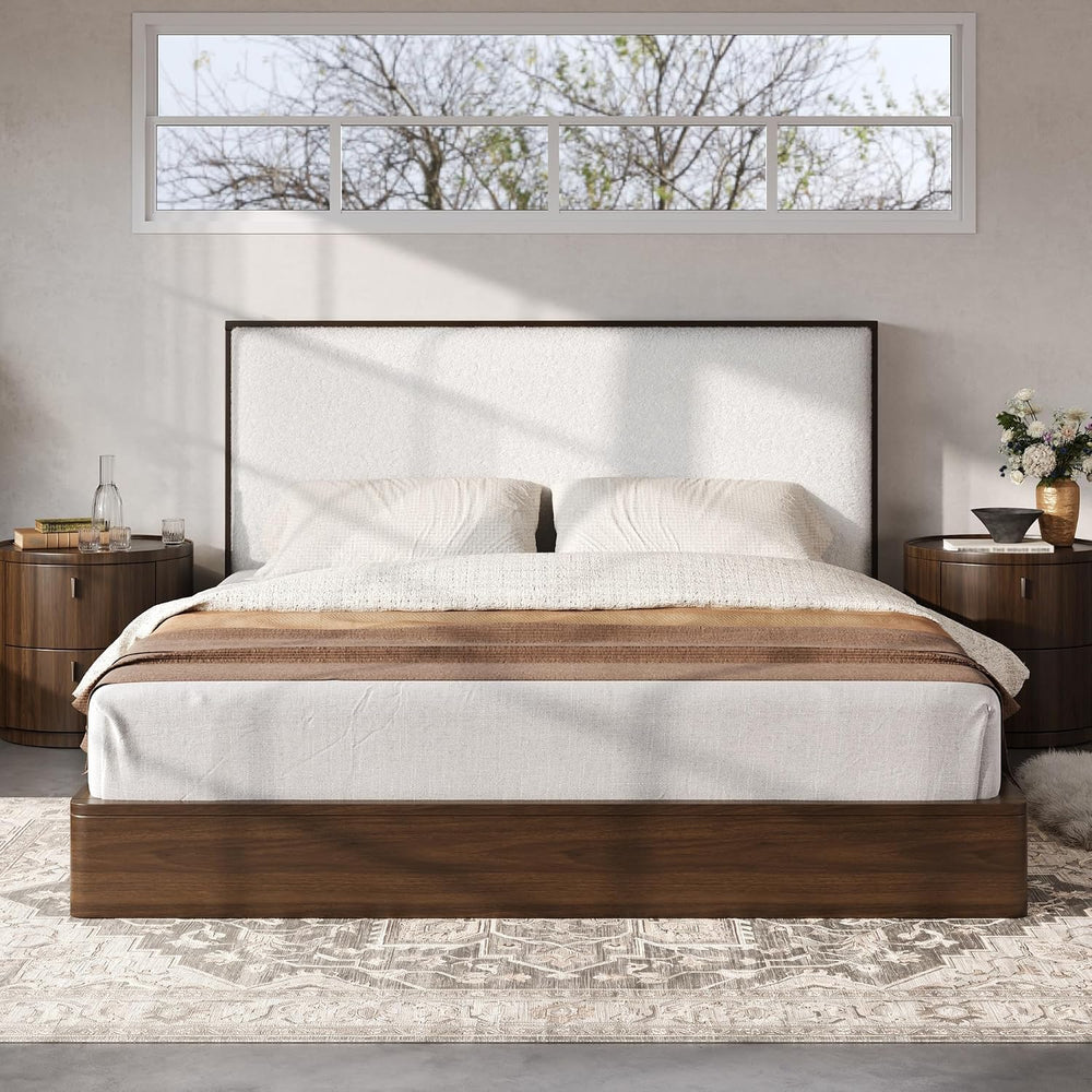 Merax Queen Platform Bed Frame with Bouclé Upholstered Headboard, Solid Wood ...