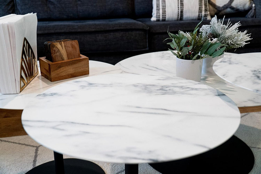 4-pcs Round Metal Coffee Table Set with Marble Finish Table Top and Black Pow...