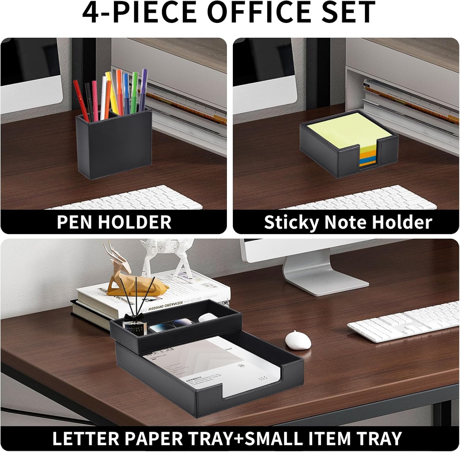 4 Pack Leather Office Supplies/Desk Organizer for Letter Paper Tray,Sticky Note Holder,Pen Cup,Stackable Small Letter Mail Sorter Tray,Workspace Decor for Women Men (Black, 4-piece set)