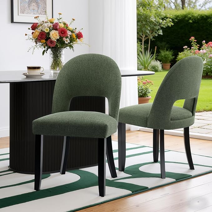 Upholstered Dining Chairs Set of 2, Mid Century Modern Wooden Kitchen Chairs with Solid Wood Legs & Fabric Open Backrest for Kitchen & Dining Room, Farmhouse Green