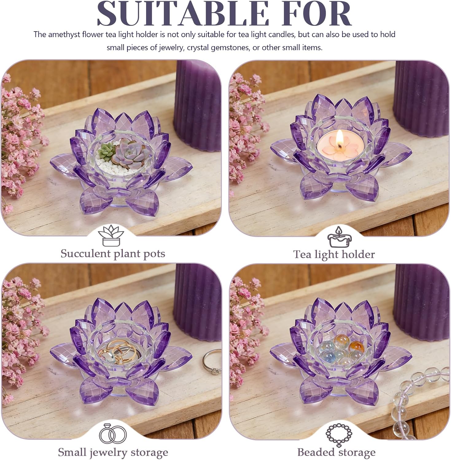 Crystal Flower Jewelry Tray, Luxury Transparent Decorative Trinket Dish for Rings, Earrings, Necklaces, Keys for Vanity Dresser Nightstand, Elegant Gift for Women Mother's Day (1, 4.4"(w) - Purple)