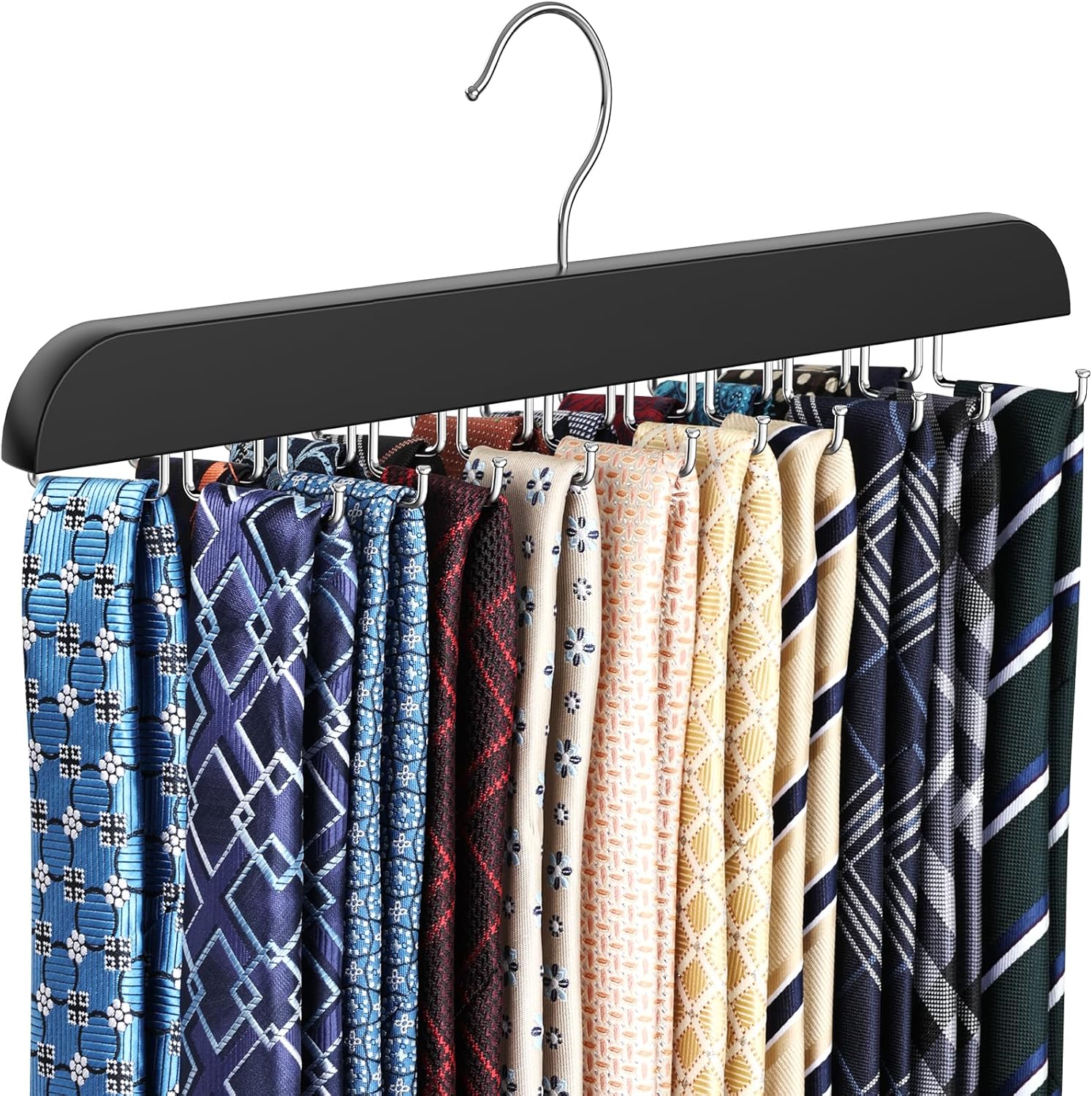 RESOVO Upgraded Tie Rack Hanger with 20 Foldable Metal Hooks, Space Saving Necktie Organizer for Men – Large Capacity Tie and Belt Wooden Hanger for Closet - Black