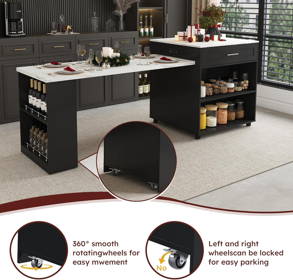 80-inch Expandable Kitchen Island with Dining Table, Marble-Grain Countertop ...