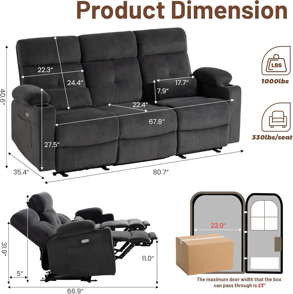 Power Reclining Sofa with Heat and Massage| RV Wall Hugger Recliner Sofa with...