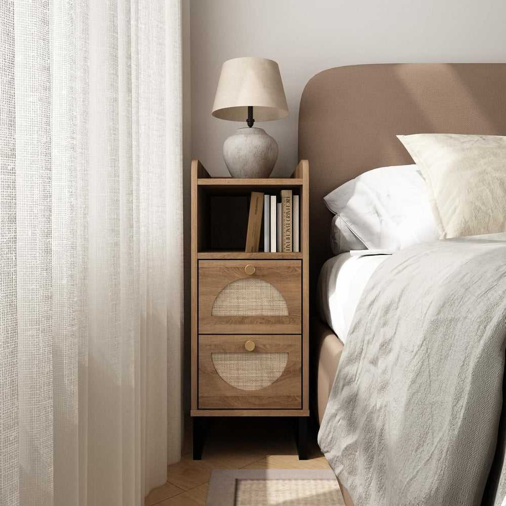 Narrow Nightstand for Small Spaces - 9.3" Slim Side Table with Rattan-We...