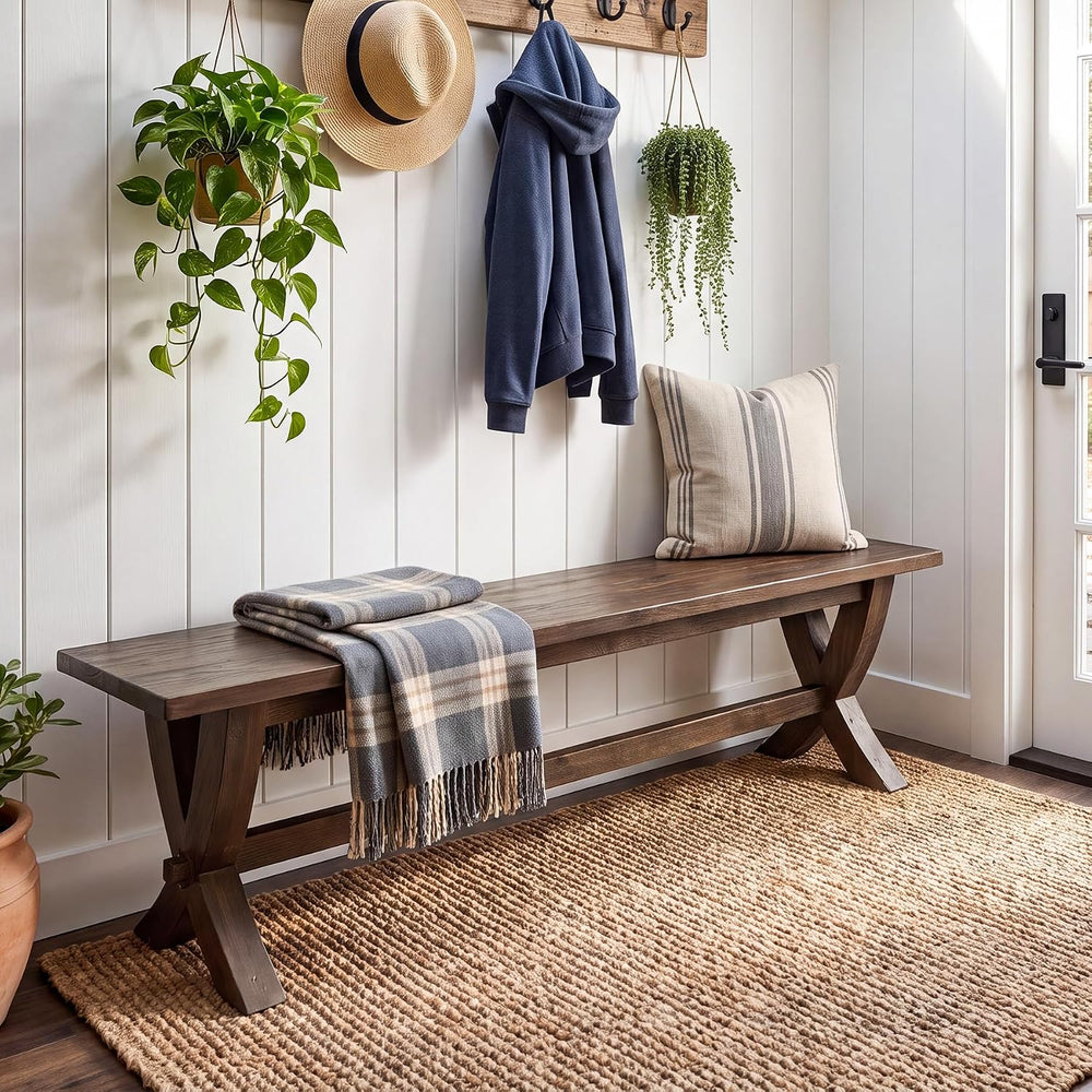 59" Solid Wood Entryway Bench, Farmhouse Long Dining Bench Seat with X-S...