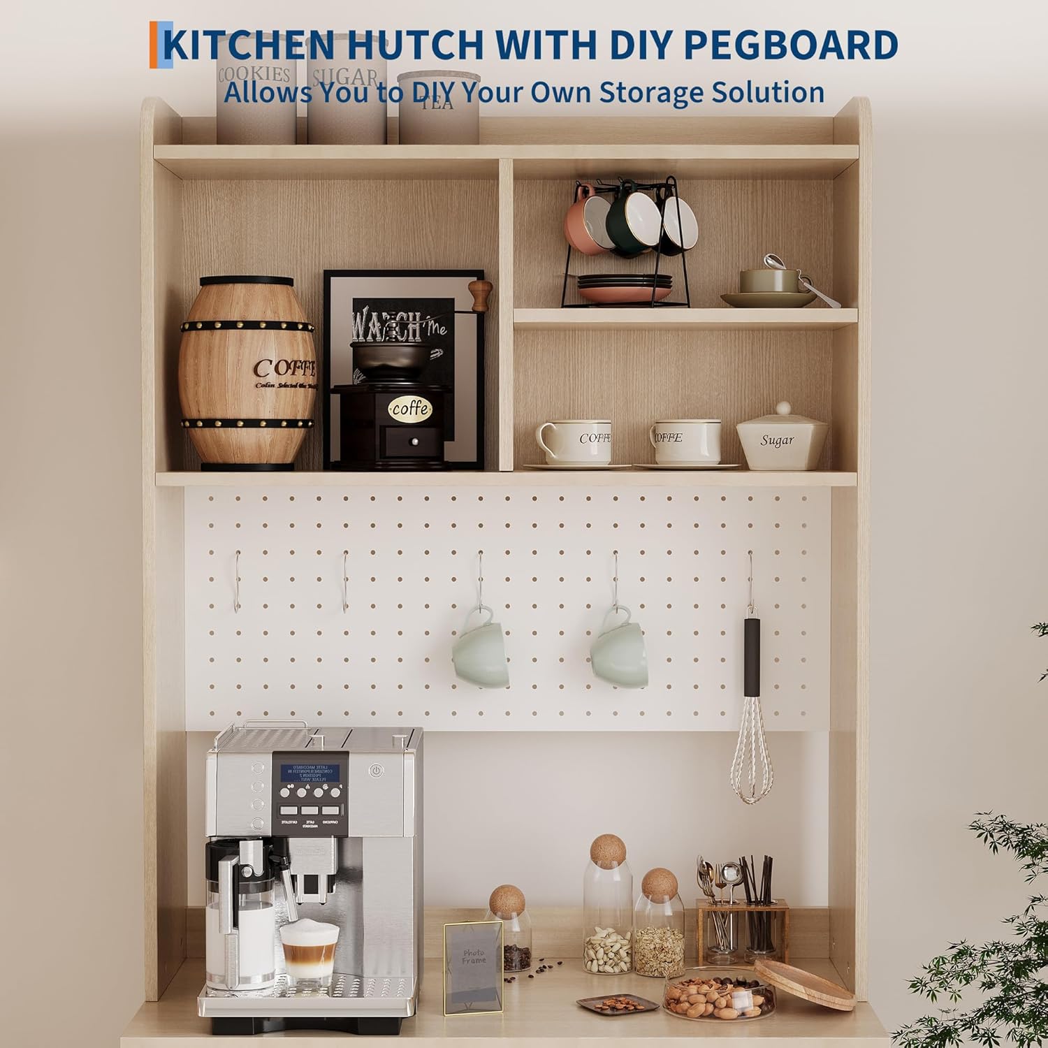 Kitchen Pantry Cabinet,71 Inch Freestanding Cupboard with 7 Storage Blocks & DIY Pegboard & 2 Glass Doors & Adjustable Shelves,Storage Cabinet for Kitchen Dining Room,Hallway(Natural)