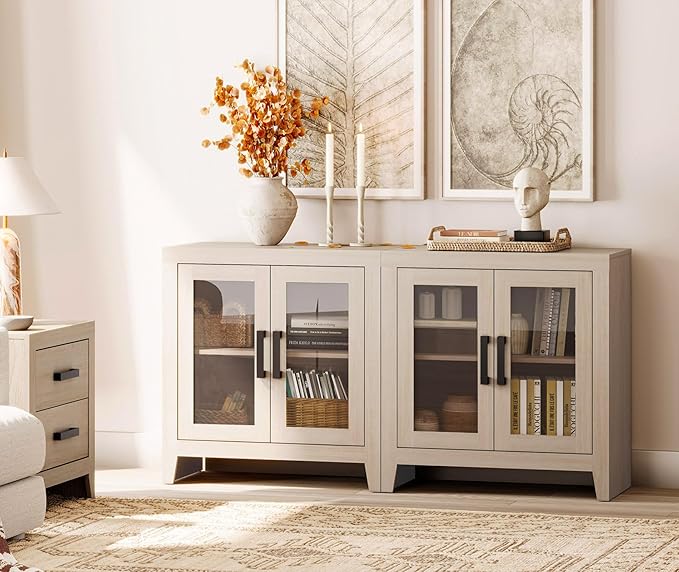 WAMPAT Farmhouse TV Stand for TVs up to 65”, Rustic Wood Entertainment Center with Adjustable Shelf, Glass Doors & Storage, Media Console Cabinet for Living-Room, Bedroom, Beige