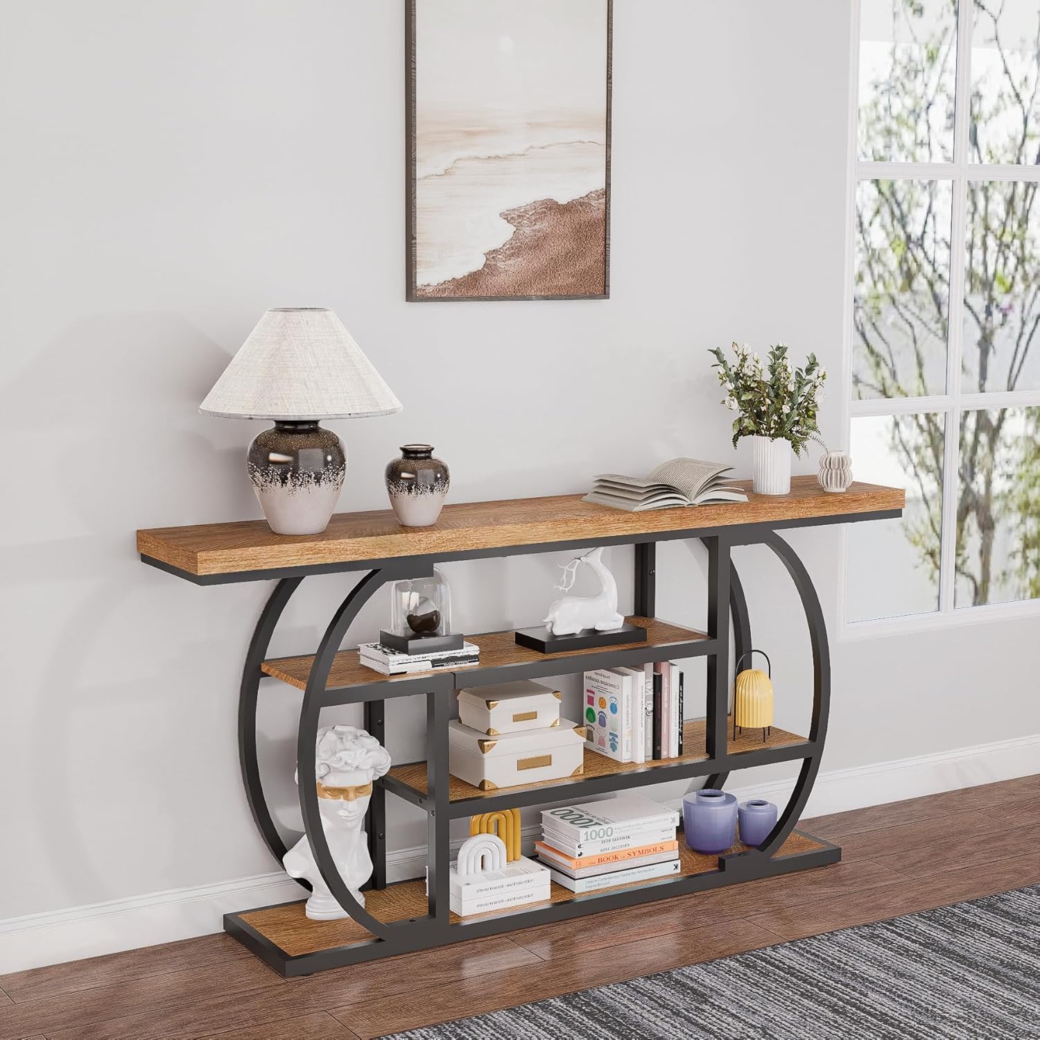 63” Industrial Console Table with 4-Tier Display Shelves, Narrow Long Sofa Table Behind Couch, Entryway/Hallway/Foyer Accent Table with Metal Frame for Living Room (Natrual Wood)