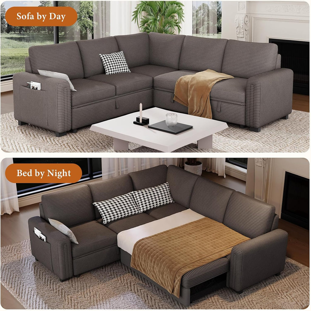 Vesgantti 88.4" Corduroy Sectional Sleeper Sofa with Pull Out Bed, Brown | 5 Seater Modular Couch with Storage, Comfy L Shaped Cloud Couches for Living Room, Bedroom, Apartment, Easy to Assemble