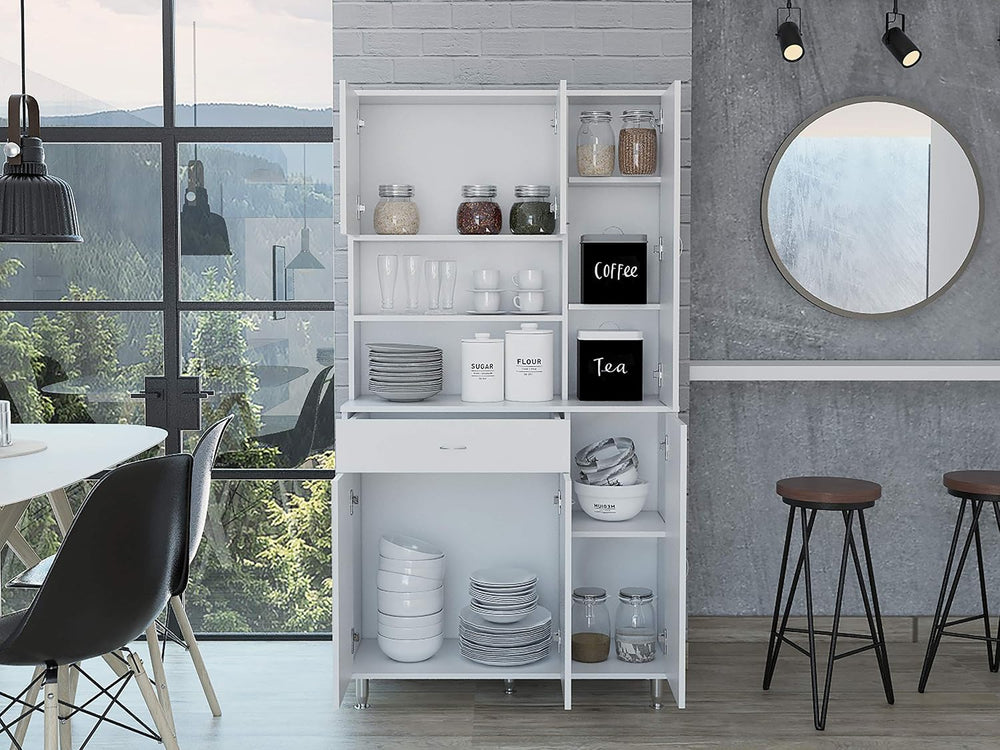 90 Kitchen Pantry, One Drawer, Multiple Cabinets, Two Open Shelvess -White