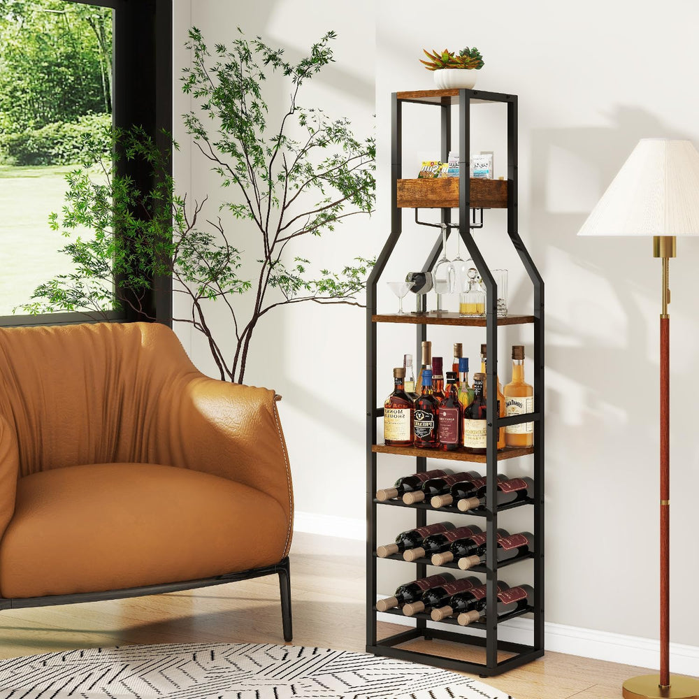 IBUYKE 5-Tier Freestanding Wine Rack,Wine Bottle Display,Brown TMJ916H | Wine...