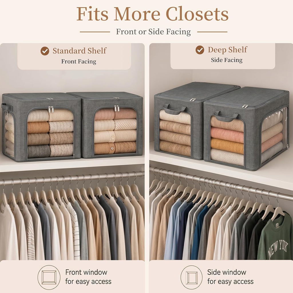 GoMaihe 3 Opening Clothes Storage Bins with Metal Frame 3 Pack 40L Grey | Sweaters Hoodies Towel T-Shirt, Closet Top Shelf Linen Closet Organizer, Stackable Collapse-Proof, Clear Window, Dual Access