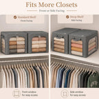 GoMaihe 3 Opening Clothes Storage Bins with Metal Frame 3 Pack 40L Grey | Sweaters Hoodies Towel T-Shirt, Closet Top Shelf Linen Closet Organizer, Stackable Collapse-Proof, Clear Window, Dual Access