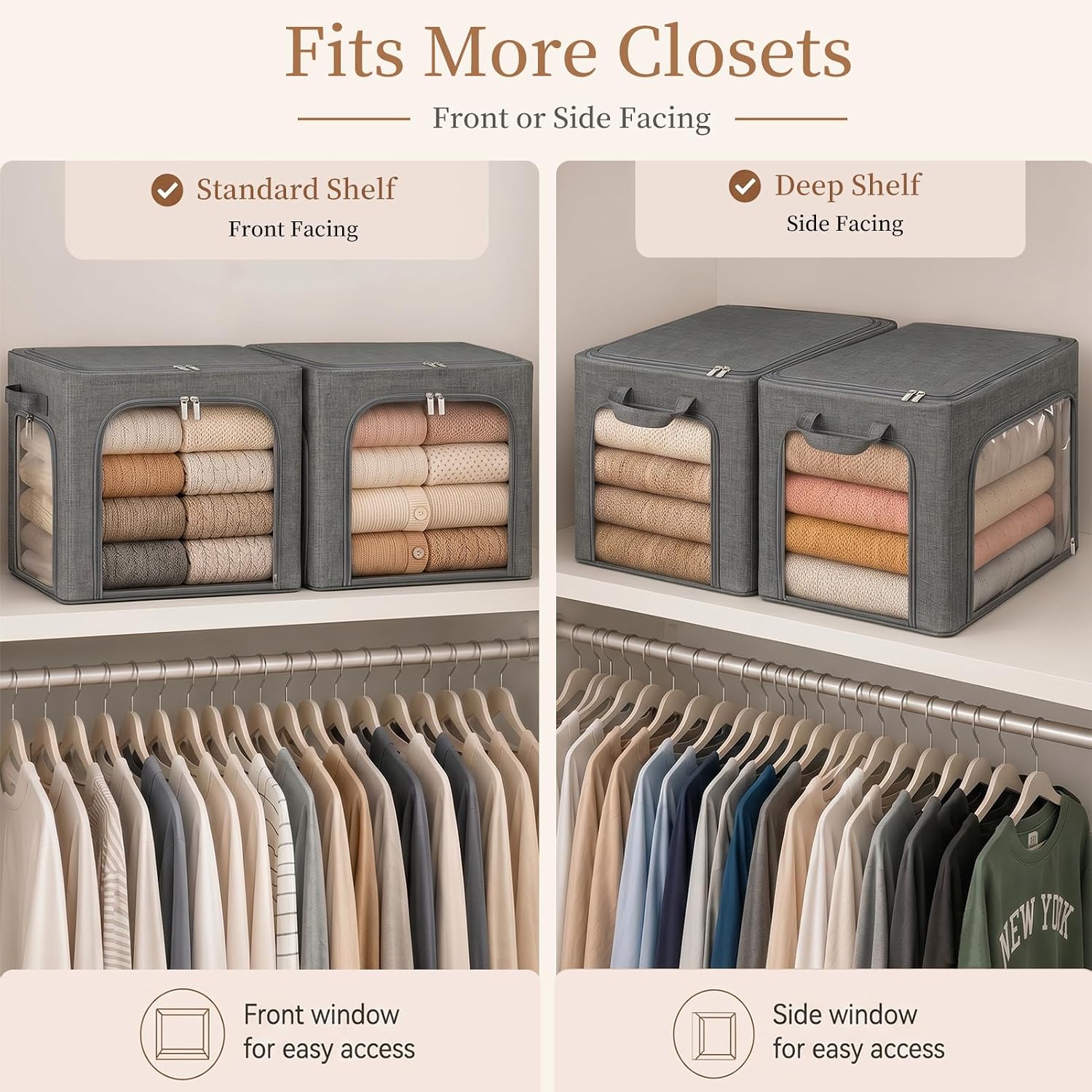 GoMaihe 3 Opening Clothes Storage Bins with Metal Frame 3 Pack 40L Grey | Sweaters Hoodies Towel T-Shirt, Closet Top Shelf Linen Closet Organizer, Stackable Collapse-Proof, Clear Window, Dual Access