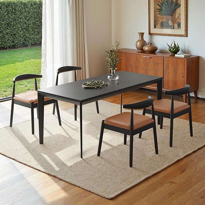 Farini Mid Century Modern Dining Chairs Set of 4, Solid Wood Frame Kitchen Chairs with PU Leather Upholstered Seat for Dining Room & Breakfast Nook,Black-Whiskey Brown