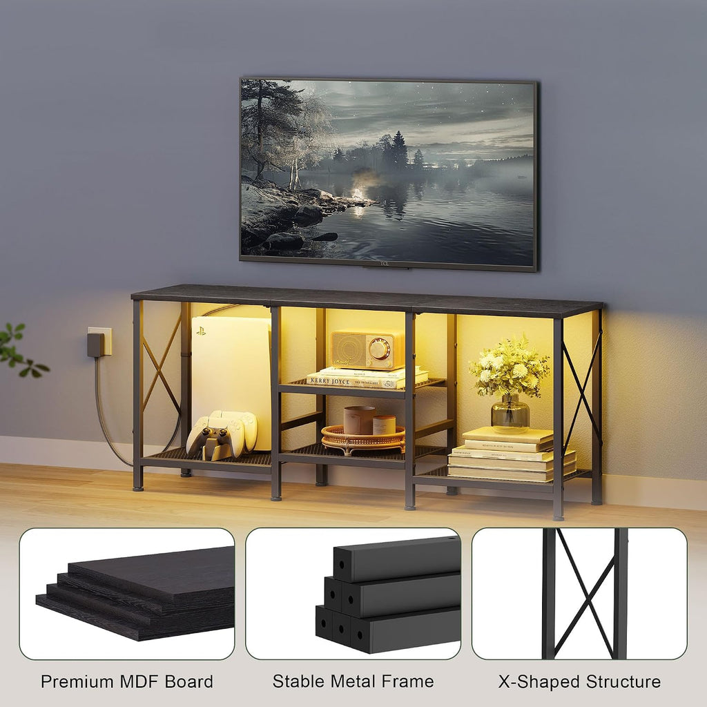 JARHETUN TV Stand with LED Lights for 55 Inch TV, Entertainment Center with 3-Tier Open Shelves, TV Console Table for Living Room, Bedroom, Black