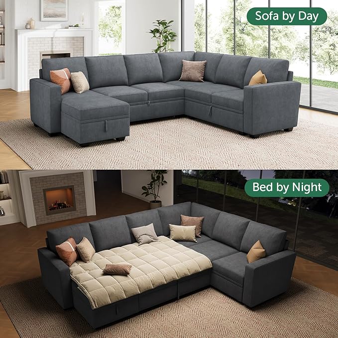 HONBAY Modular Sectional Couch with Pull Out Bed, Chenille Sleeper Sofa with Storage Seats Ottoman, U Shaped Sectional Couches for Living Room, Bluish Grey