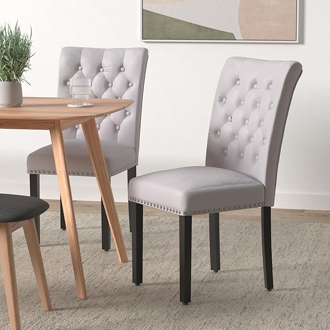 Velvet Dining Kitchen Chair Set of 2, Parsons Upholstered Dining Room Chair, Wood Accent Chair with Nailed Trim, Grey