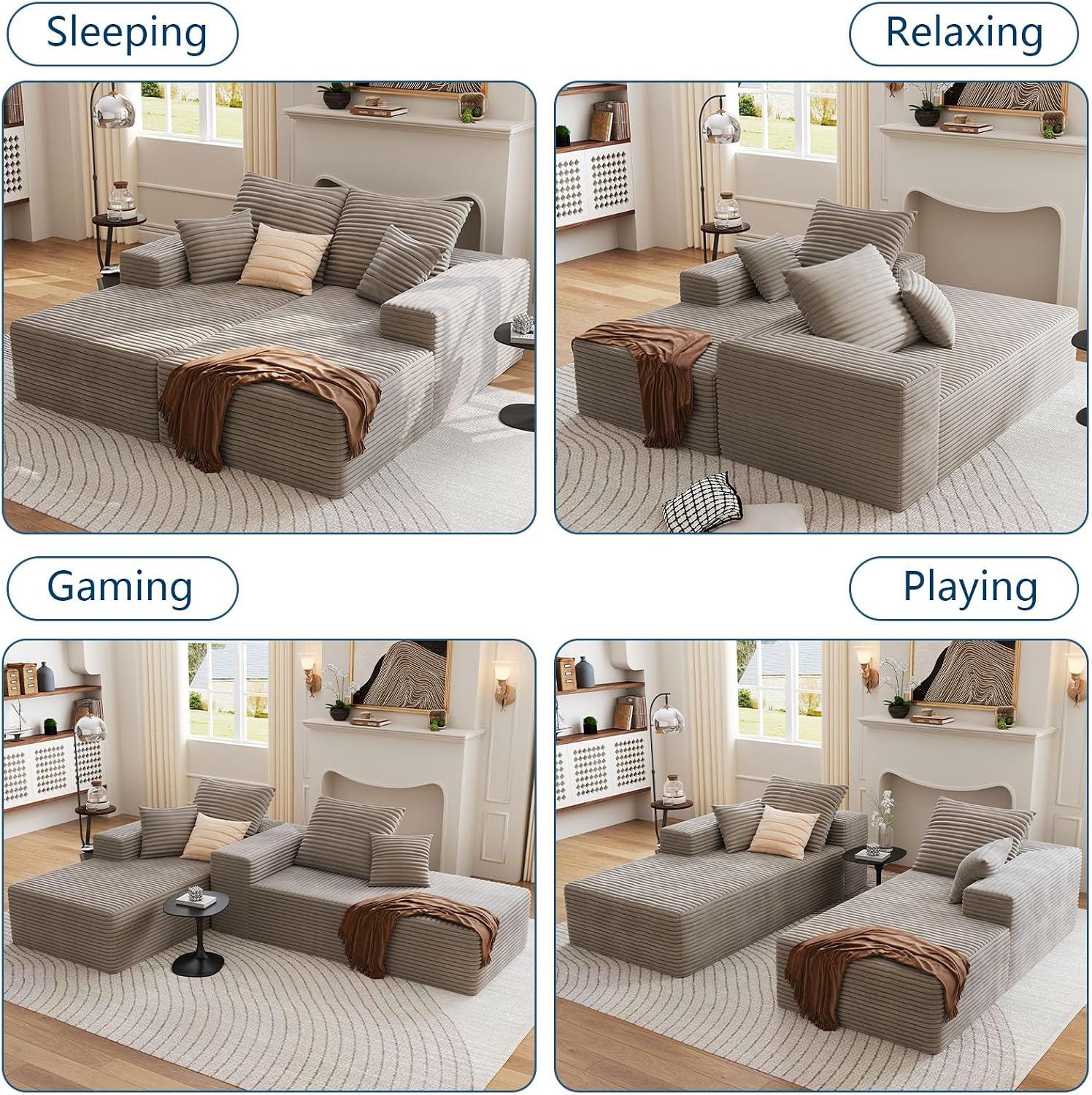 72" Oversized Double Chaise Lounges Indoor, Upholstered Corduroy Oversized Chaise Lounge Chair, Modern Sleeper Loveseat Chair Boneless Cloud Couch for Living Room Bedroom Reading (Camel)