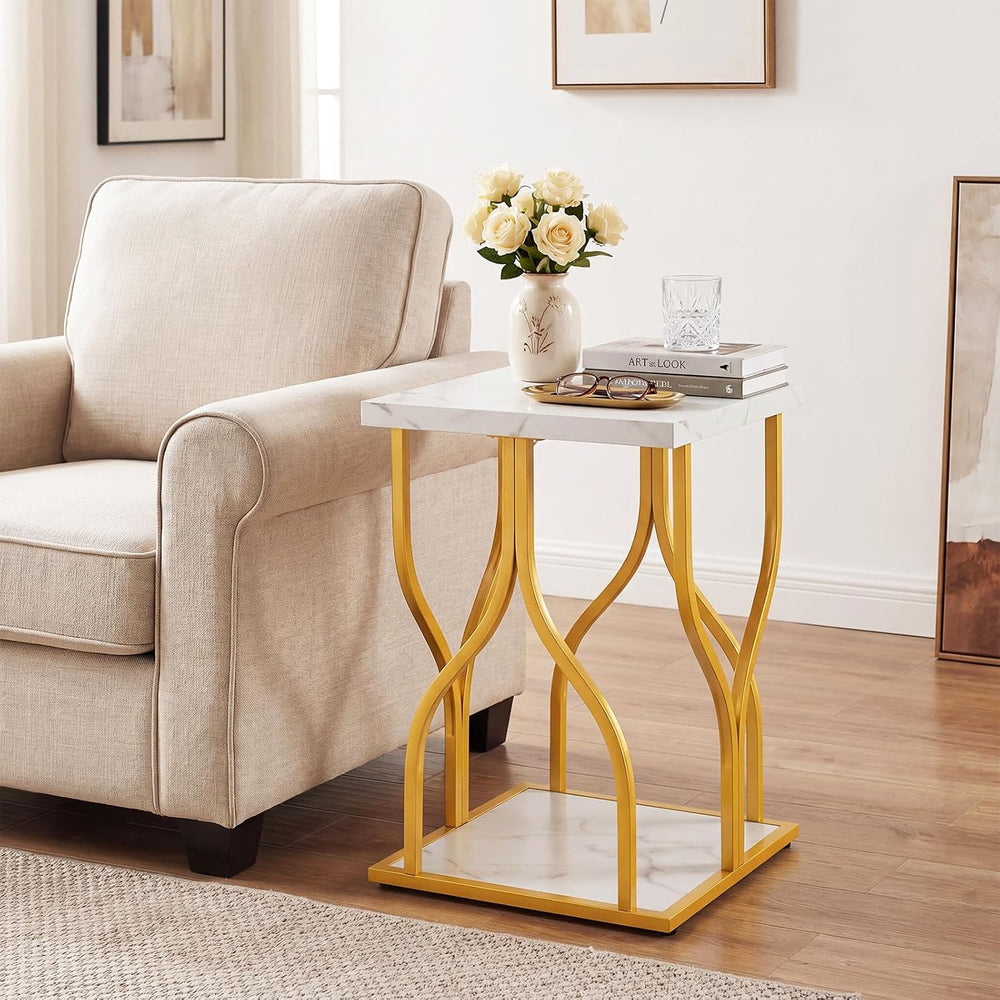 Giantex 2-Tier End Table, Faux Marble Bedside Night Stand with Storage Shelf ...
