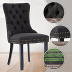 Black Upholstered Tufted Linen Fabric Dining Room Chairs - Set of 4, High Back, Nailhead Trim, Solid Wood Legs - Modern Dining Chairs
