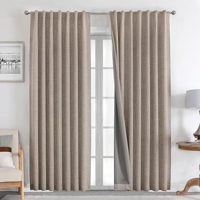 Joydeco Natural Linen Curtains 90 inch Length 2 Panels Set Burg 100% Blackout Patio Door Curtain Room Darkening Sliding Door Curtains Thermal Insulated Back tab Rod Pocket(105x90 inch, Linen)
