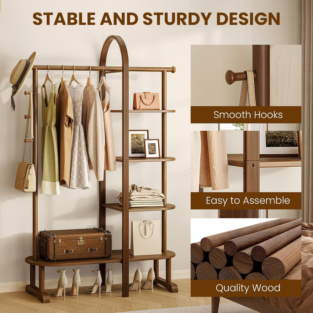 41.3" Wide 3-in-1 Freestanding Clothing Rack, Wooden Coat Rack with 4 Shelves and 5 Hooks, Solid Rubber Wood Coat Rack with Shelves for Entryway, Bedroom, Living Room, Walnut