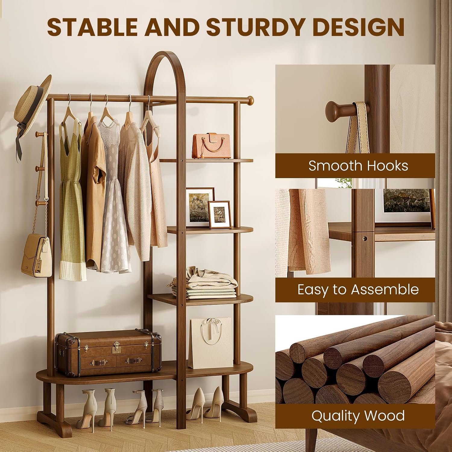 41.3" Wide 3-in-1 Freestanding Clothing Rack, Wooden Coat Rack with 4 Shelves and 5 Hooks, Solid Rubber Wood Coat Rack with Shelves for Entryway, Bedroom, Living Room, Walnut