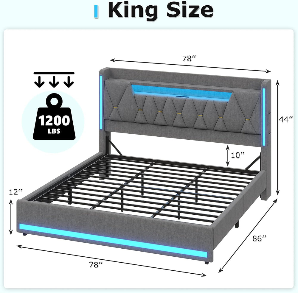 King Size Bed Frame with Marshmallow Headboard and Storage, Gray
