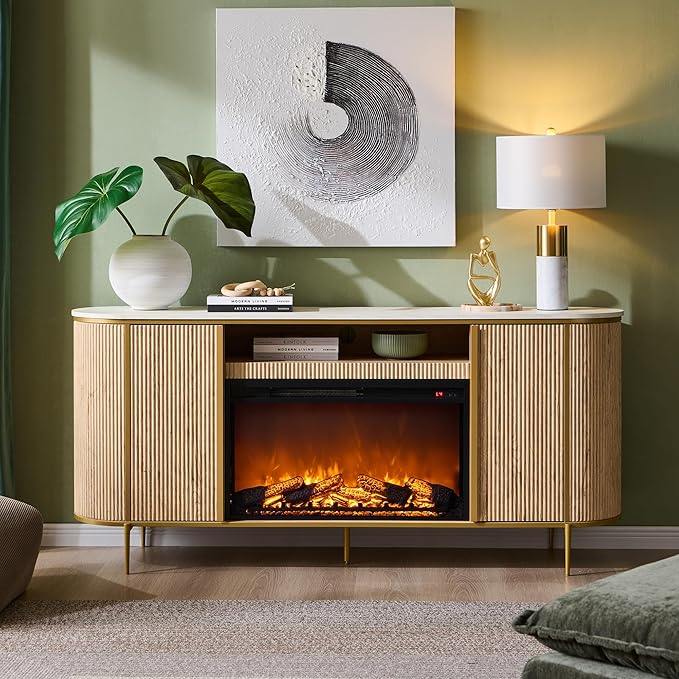 OKD Luxury 70" Fluted Fireplace TV Stand, Modern Chic Entertainment Center for TVs Up to 80 inches, TV Console with Faux Marble Top, Curved Profile Design, Media Console for Living Room, Natural Oak