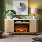 OKD Luxury 70" Fluted Fireplace TV Stand, Modern Chic Entertainment Center for TVs Up to 80 inches, TV Console with Faux Marble Top, Curved Profile Design, Media Console for Living Room, Natural Oak