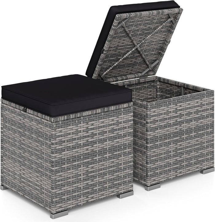 RELAX4LIFE Wicker Outdoor Storage Ottoman - 2-Piece Rattan Footstool w/Removable Cushion, Multipurpose Footrest Foot Stool Seating, Set of 2 Outdoor Ottomans for Patio Deck (Mix Grey-Black)