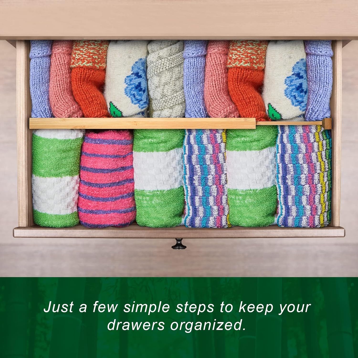 FJO 6 Pack Bamboo Drawer Dividers 4.65" High Adjustable from 17'' to 22'' | Strong Spring Loaded, Expandable Utensil Organizer, Works in Kitchen, Dresser, Closet, Bathroom, Bedroom,Office (Beige)