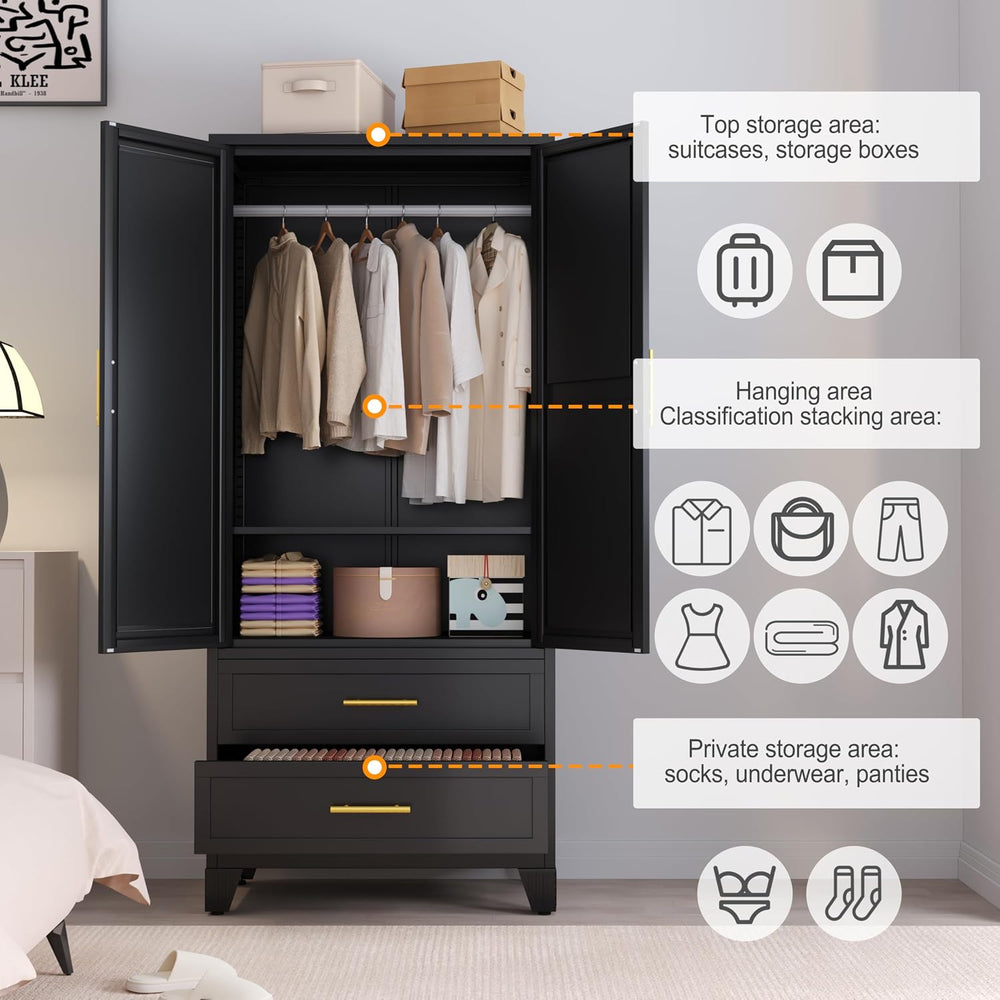 RIETERN Metal Armoire Wardrobe Closet, 71" Tall Bedroom Closet with Mirr...
