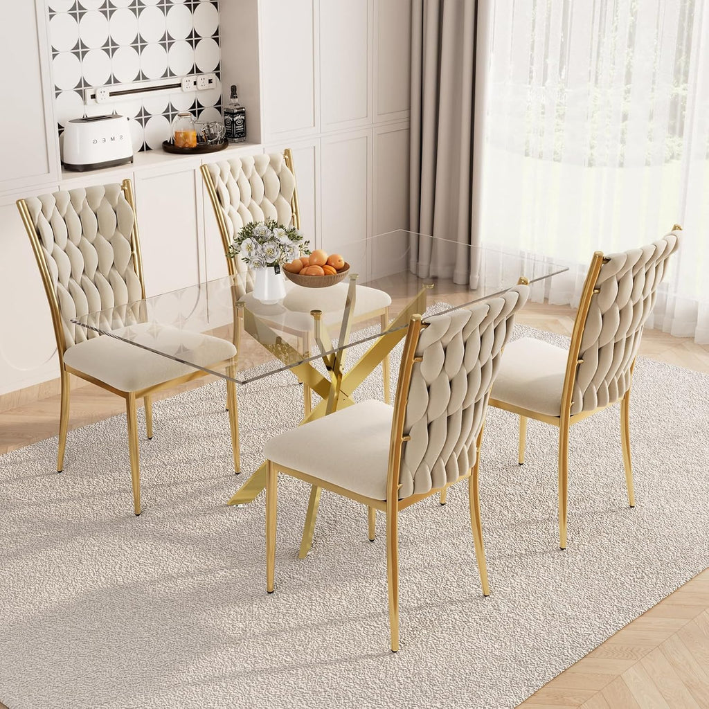 51'' Glass Dining Table Set for 4, Modern Rectangular Dining Room Table with Gold Metal Legs & 4 Upholstered Velvet Dining Chairs, Space-Saving Kitchen Table Set for Small Spaces, Apartment(Beige)