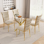 51'' Glass Dining Table Set for 4, Modern Rectangular Dining Room Table with Gold Metal Legs & 4 Upholstered Velvet Dining Chairs, Space-Saving Kitchen Table Set for Small Spaces, Apartment(Beige)
