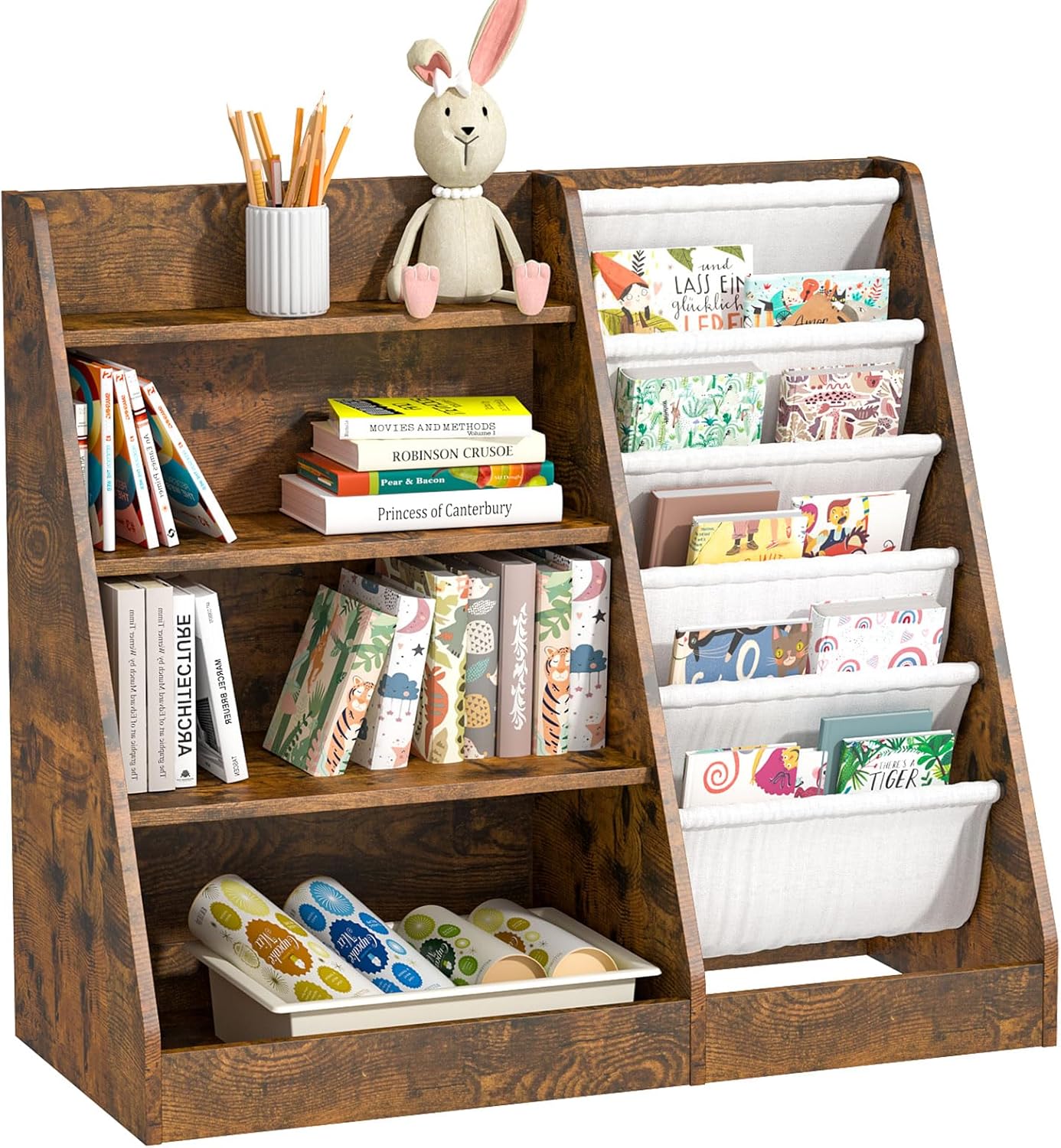 Kids Bookshelf for Bedroom Toddler Children Baby Bookcase 4-Tier for Nursery Book Toy Storage Organizer 5 Sling Book Display Shelf Book Rack Wood Classroom Playroom Rustic Brown