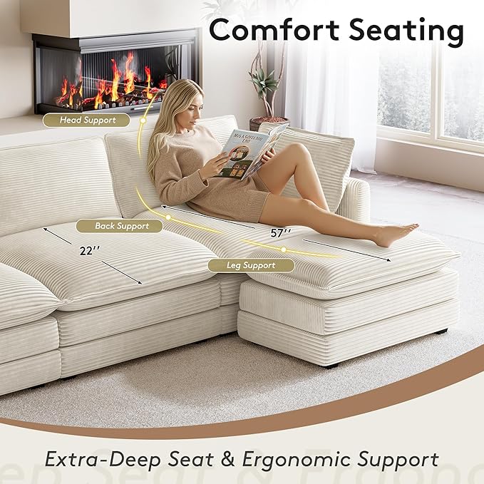 ROWHY 104'' Modular Sectional Cloud Couch with Movable Ottoman, 4 Seat Modern Corduroy Sofa, Deep Seat L Shaped Couch for Living Room Bedroom Apartment, Beige | Premium Corduroy, Washable Covers, Arrange Freedom, Sturdy Frame, Movable Ottoman, Deep Seat