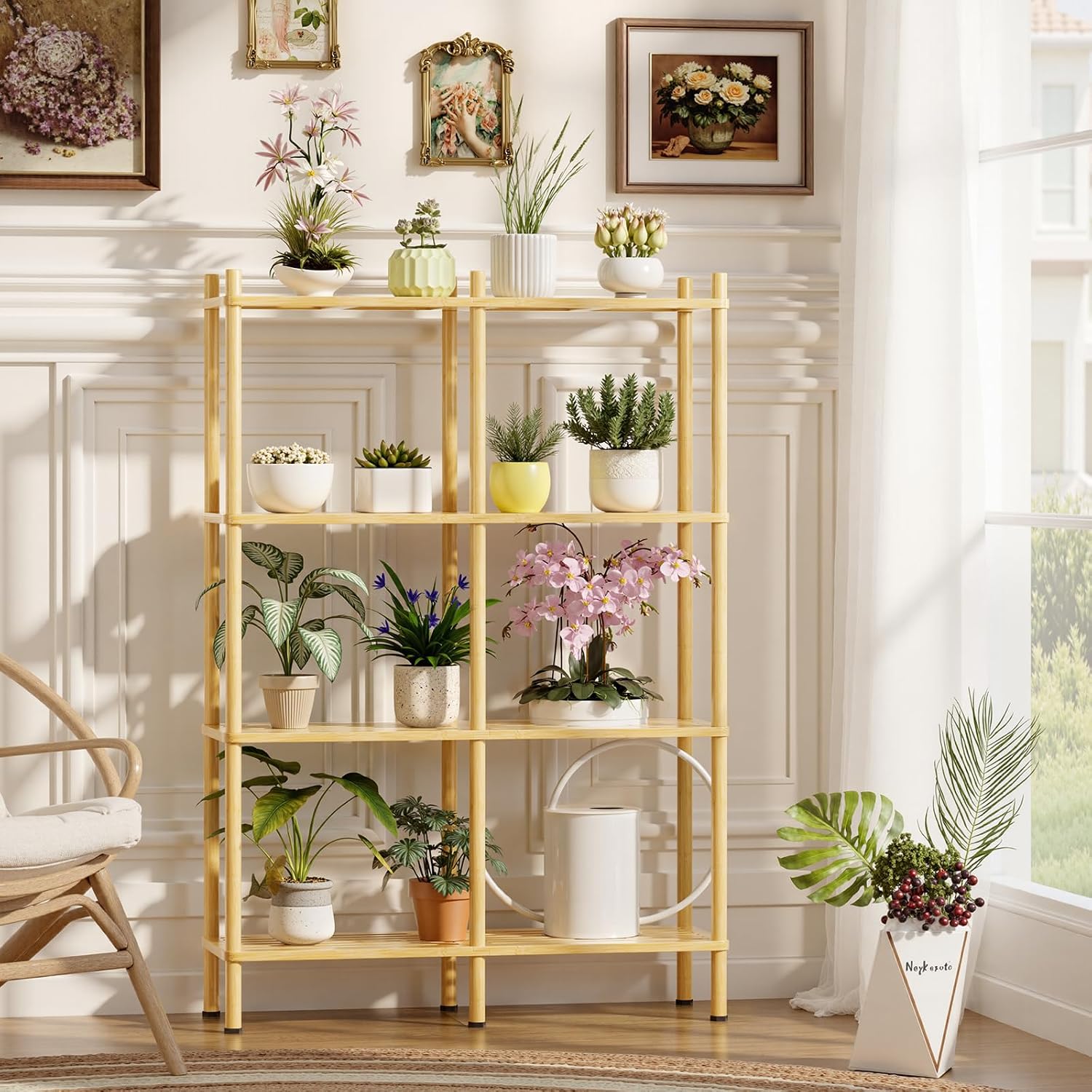 Book Shelf, 4 Tier Bamboo Bookshelf, Tall Bookcase with 8 Open Display Shelves Storage Organizer, Adjustable Bookshelves Standing Shelf Units for Bedroom, Living Room, Bathroom, Home Office